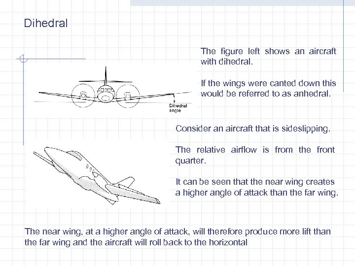 Dihedral The figure left shows an aircraft with dihedral. If the wings were canted