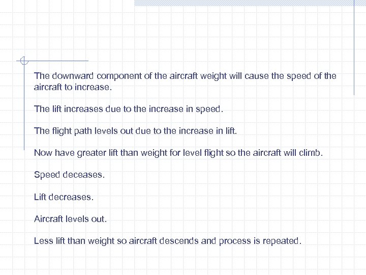 The downward component of the aircraft weight will cause the speed of the aircraft