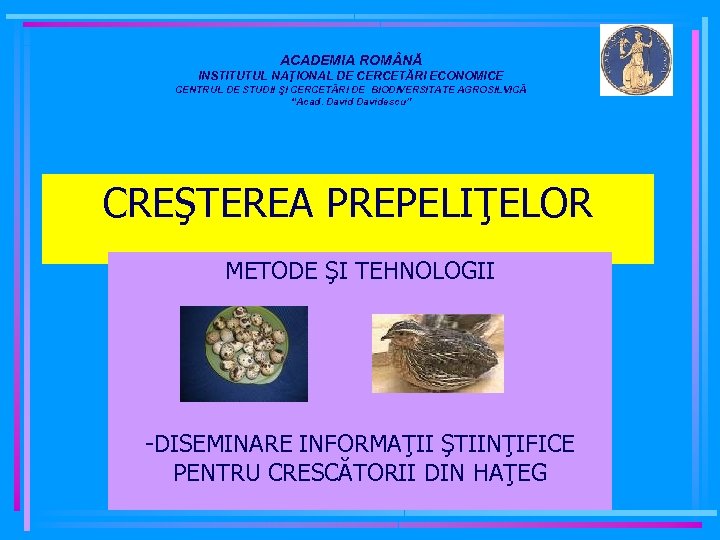 ACADEMIA ROM NĂ INSTITUTUL NAŢIONAL DE CERCETĂRI ECONOMICE CENTRUL DE STUDII ŞI CERCETĂRI DE