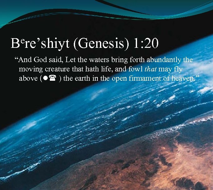 ere’shiyt B (Genesis) 1: 20 “And God said, Let the waters bring forth abundantly
