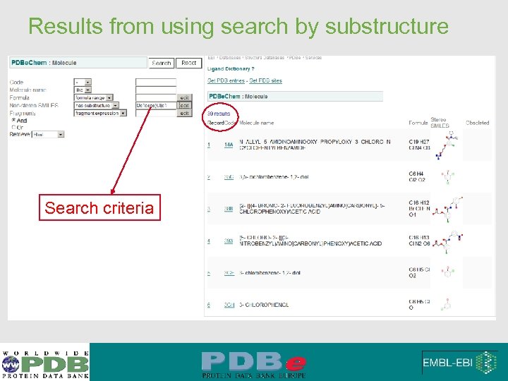 Results from using search by substructure Search criteria 