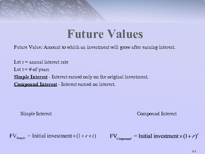 Future Values Future Value: Amount to which an investment will grow after earning interest.