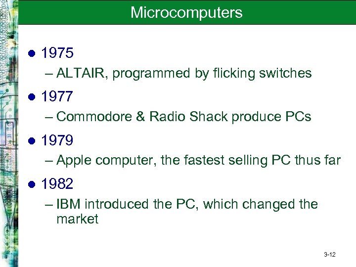 Microcomputers l 1975 – ALTAIR, programmed by flicking switches l 1977 – Commodore &