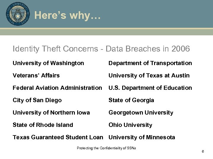 Here’s why… Identity Theft Concerns - Data Breaches in 2006 University of Washington Department