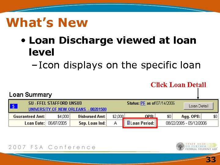 What’s New • Loan Discharge viewed at loan level – Icon displays on the
