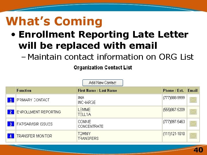 What’s Coming • Enrollment Reporting Late Letter will be replaced with email – Maintain