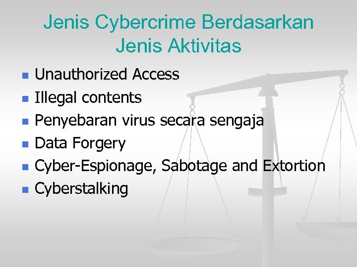 Jenis Cybercrime Berdasarkan Jenis Aktivitas n n n Unauthorized Access Illegal contents Penyebaran virus