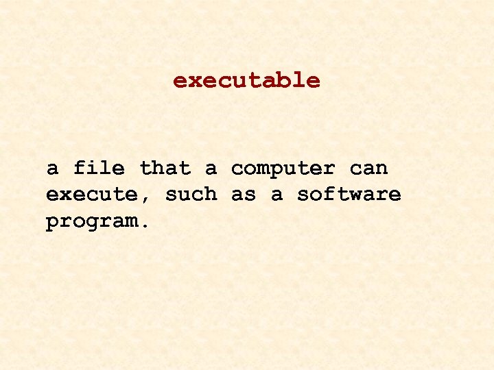 executable a file that a computer can execute, such as a software program. 