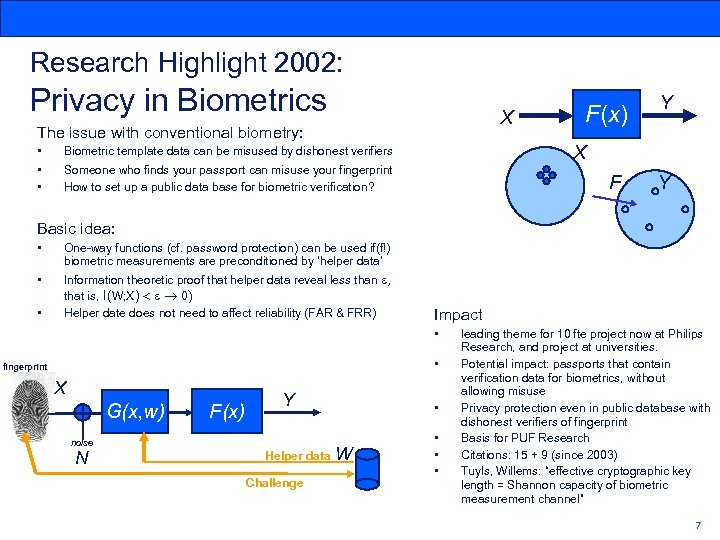 Research Highlight 2002: Privacy in Biometrics X The issue with conventional biometry: • Y