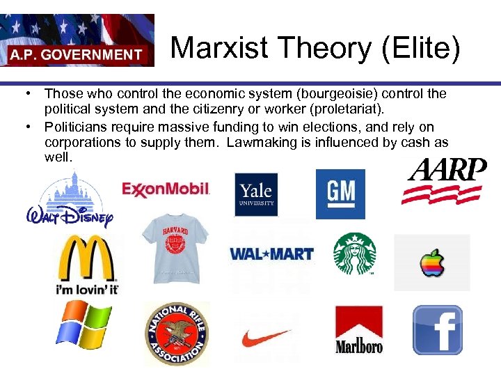 Marxist Theory (Elite) • Those who control the economic system (bourgeoisie) control the political