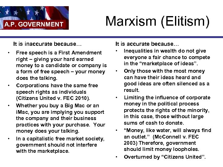 Marxism (Elitism) It is inaccurate because… • • Free speech is a First Amendment