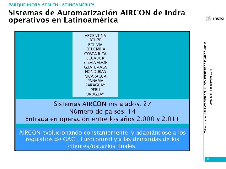 PARQUE INDRA ATM EN LATINOAMÉRICA Sistemas AIRCON instalados: 27 Número de países: 14 Entrada