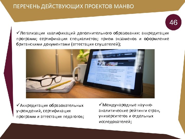 ПЕРЕЧЕНЬ ДЕЙСТВУЮЩИХ ПРОЕКТОВ МАНВО 46 üЛегализация квалификаций дополнительного образования: аккредитация программ; сертификация специалистов; прием