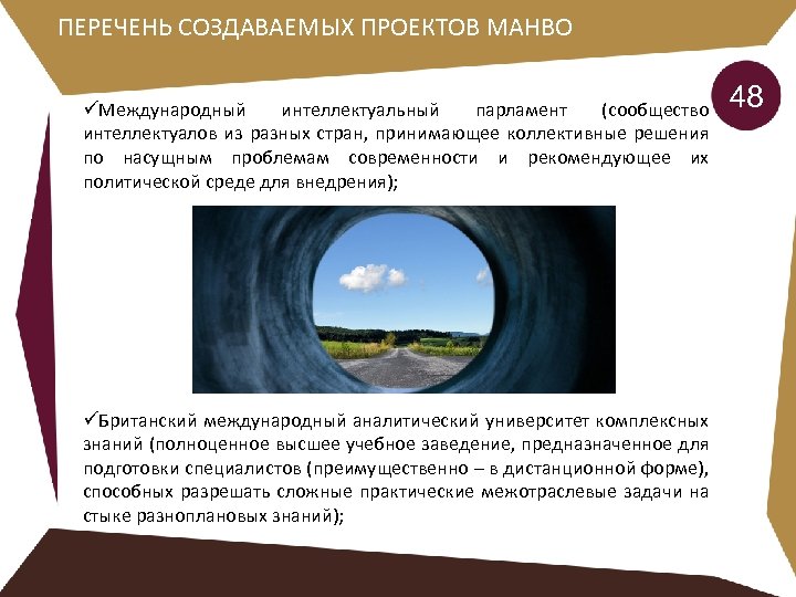 ПЕРЕЧЕНЬ СОЗДАВАЕМЫХ ПРОЕКТОВ МАНВО üМеждународный интеллектуальный парламент (сообщество интеллектуалов из разных стран, принимающее коллективные