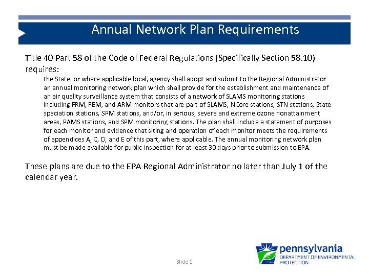 Annual Network Plan Requirements Headings : White Text 40 pt. Calibri Title 40 Part