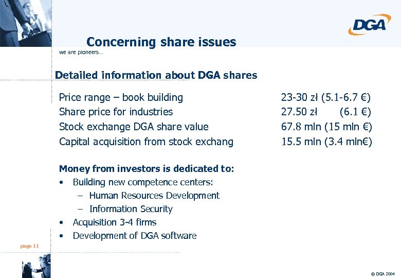 Concerning share issues we are pioneers… Detailed information about DGA shares Price range –