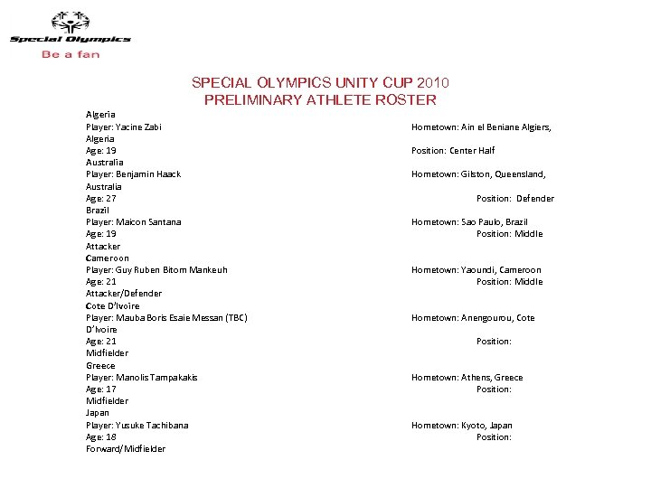 SPECIAL OLYMPICS UNITY CUP 2010 PRELIMINARY ATHLETE ROSTER Algeria Player: Yacine Zabi Algeria Age: