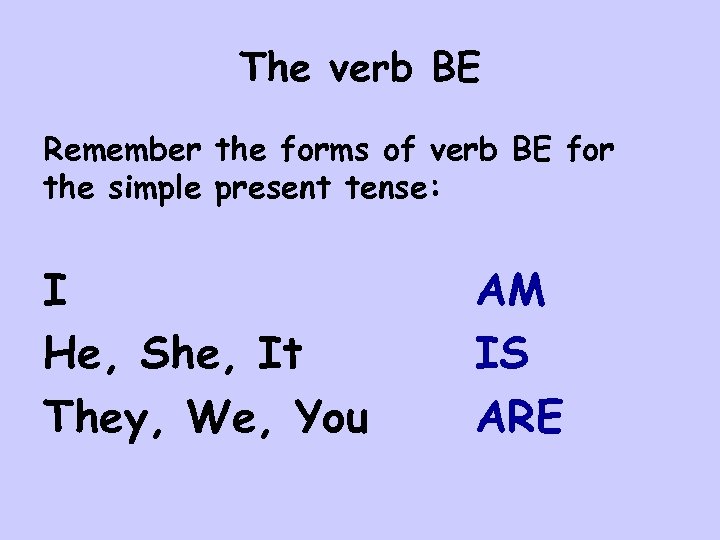 The verb BE Remember the forms of verb BE for the simple present tense: