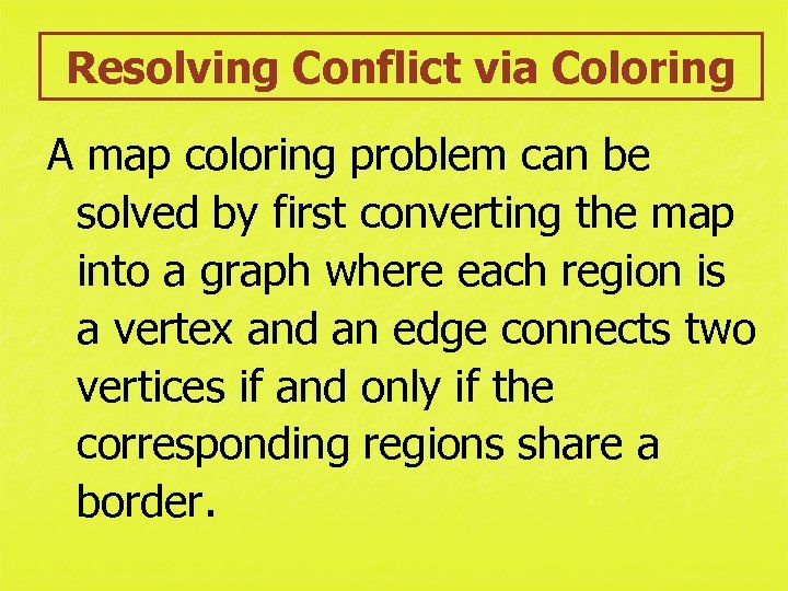 Resolving Conflict via Coloring A map coloring problem can be solved by first converting