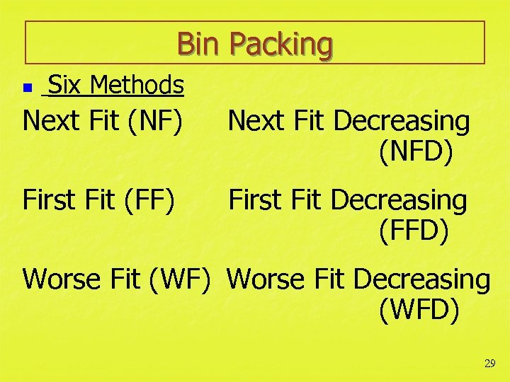 Bin Packing n Six Methods Next Fit (NF) Next Fit Decreasing (NFD) First Fit