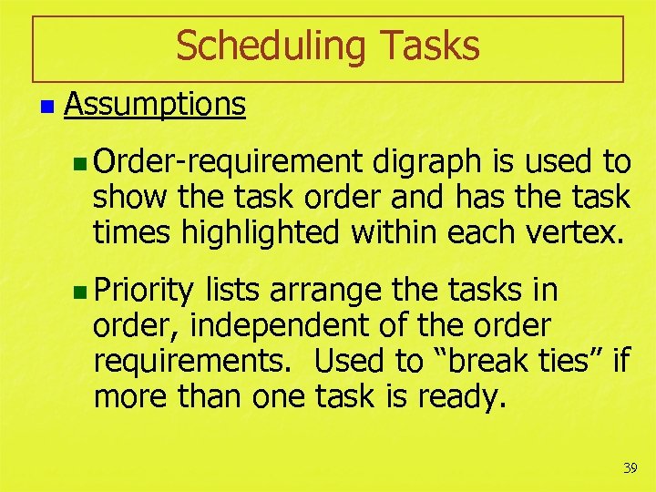 Scheduling Tasks n Assumptions n Order-requirement digraph is used to show the task order