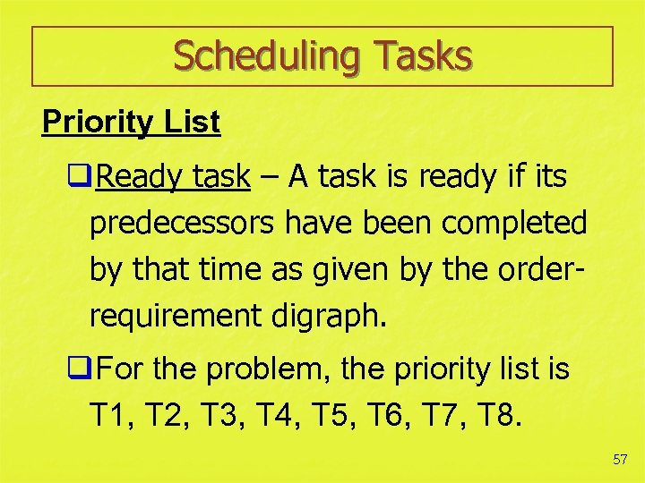 Scheduling Tasks Priority List q. Ready task – A task is ready if its