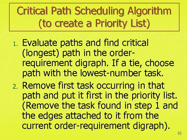 Critical Path Scheduling Algorithm (to create a Priority List) 1. 2. Evaluate paths and