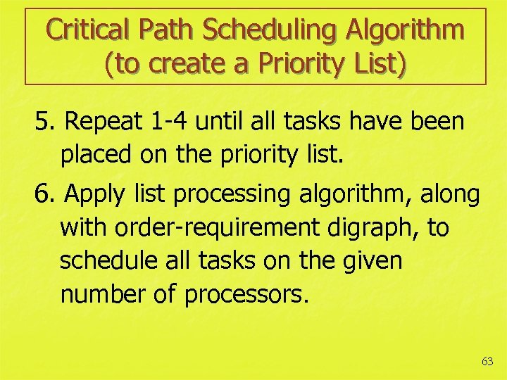 Critical Path Scheduling Algorithm (to create a Priority List) 5. Repeat 1 -4 until
