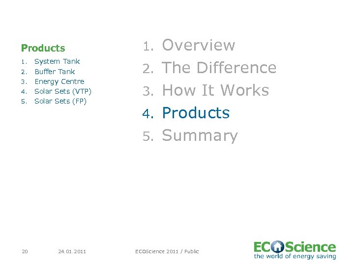 Products 1. 2. 3. 4. 5. System Tank Buffer Tank Energy Centre Solar Sets