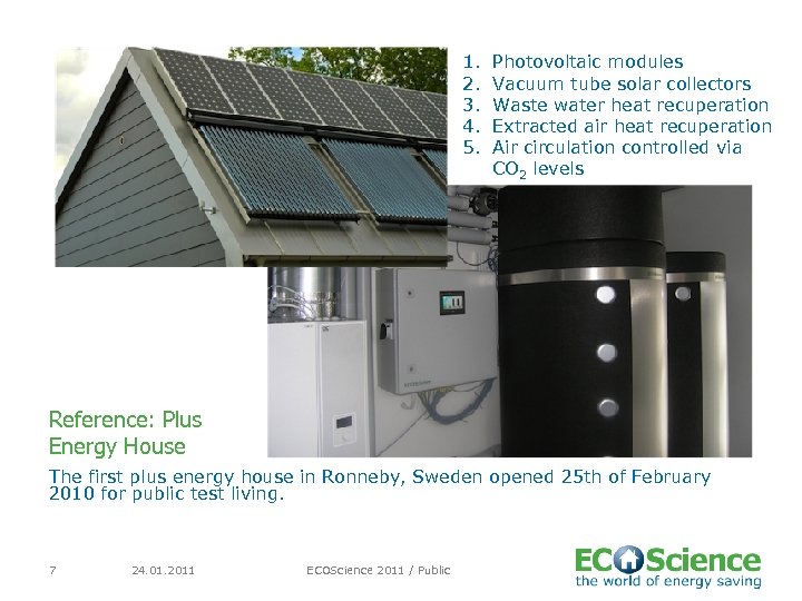 1. 2. 3. 4. 5. Photovoltaic modules Vacuum tube solar collectors Waste water heat