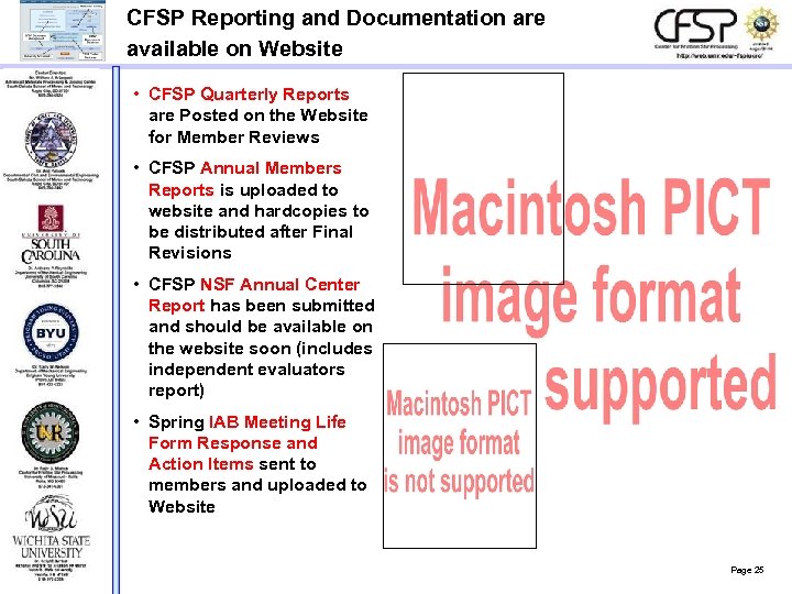 CFSP Reporting and Documentation are available on Website • CFSP Quarterly Reports are Posted