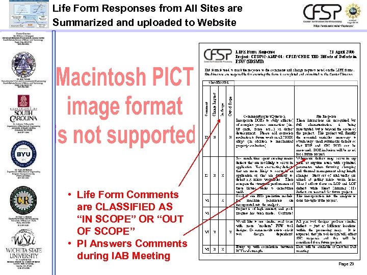 Life Form Responses from All Sites are Summarized and uploaded to Website • Life