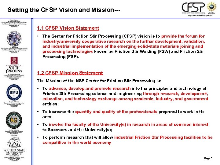 Setting the CFSP Vision and Mission--1. 1 CFSP Vision Statement • The Center for