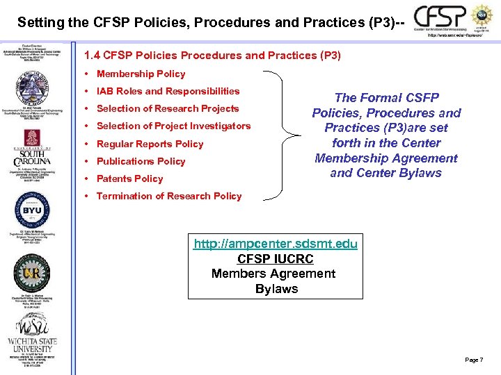 Setting the CFSP Policies, Procedures and Practices (P 3)-1. 4 CFSP Policies Procedures and