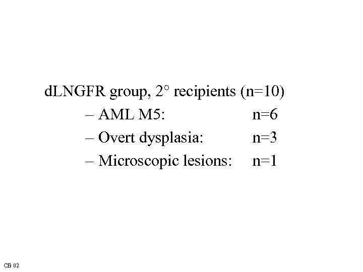 d. LNGFR group, 2° recipients (n=10) – AML M 5: n=6 – Overt dysplasia: