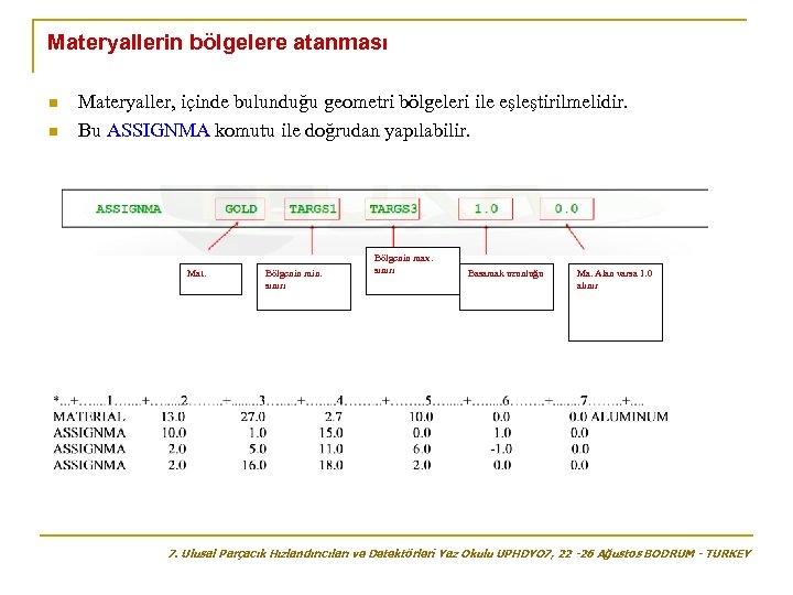 Materyallerin bölgelere atanması n n Materyaller, içinde bulunduğu geometri bölgeleri ile eşleştirilmelidir. Bu ASSIGNMA