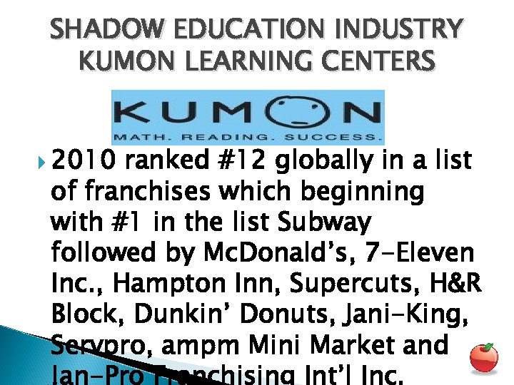 SHADOW EDUCATION INDUSTRY KUMON LEARNING CENTERS 2010 ranked #12 globally in a list of