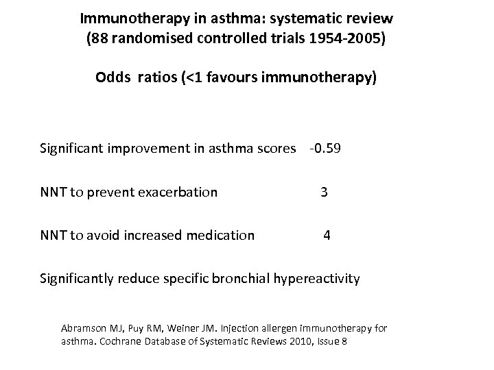 Immunotherapy in asthma: systematic review (88 randomised controlled trials 1954 -2005) Odds ratios (<1