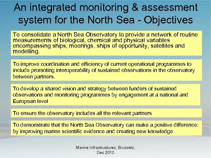 An integrated monitoring & assessment system for the North Sea - Objectives To consolidate