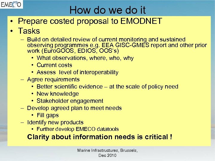 How do we do it • Prepare costed proposal to EMODNET • Tasks –