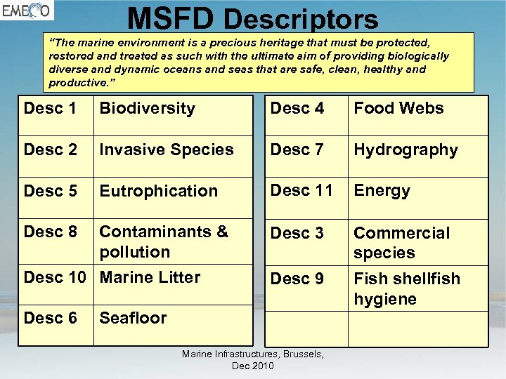MSFD Descriptors “The marine environment is a precious heritage that must be protected, restored