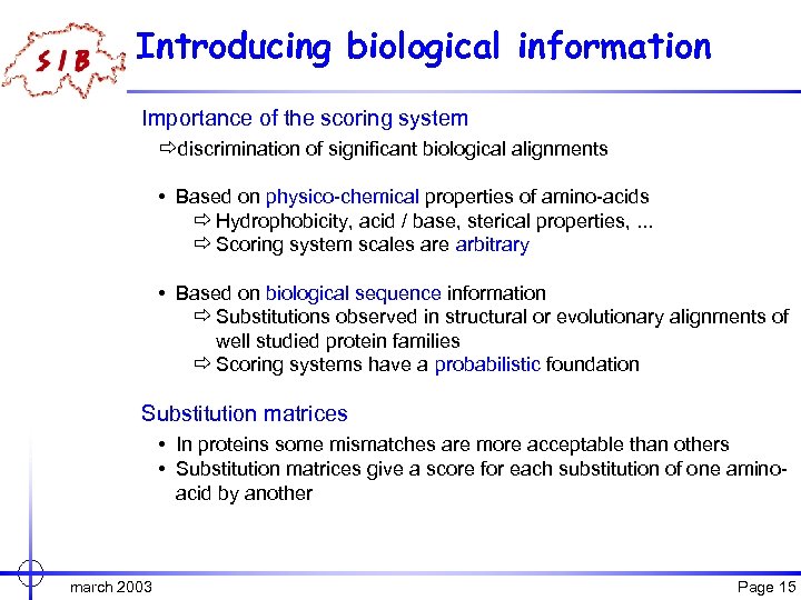 Introducing biological information Importance of the scoring system ðdiscrimination of significant biological alignments •