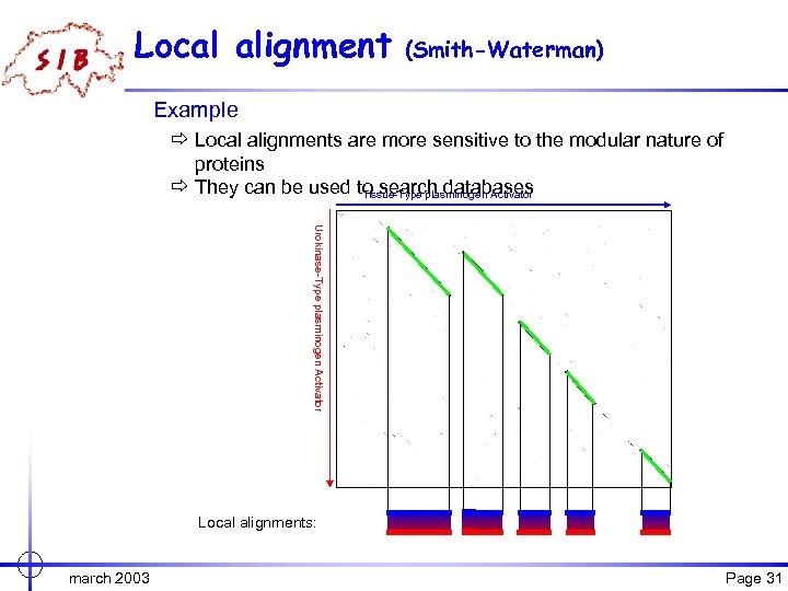 Local alignment (Smith-Waterman) Example ð Local alignments are more sensitive to the modular nature