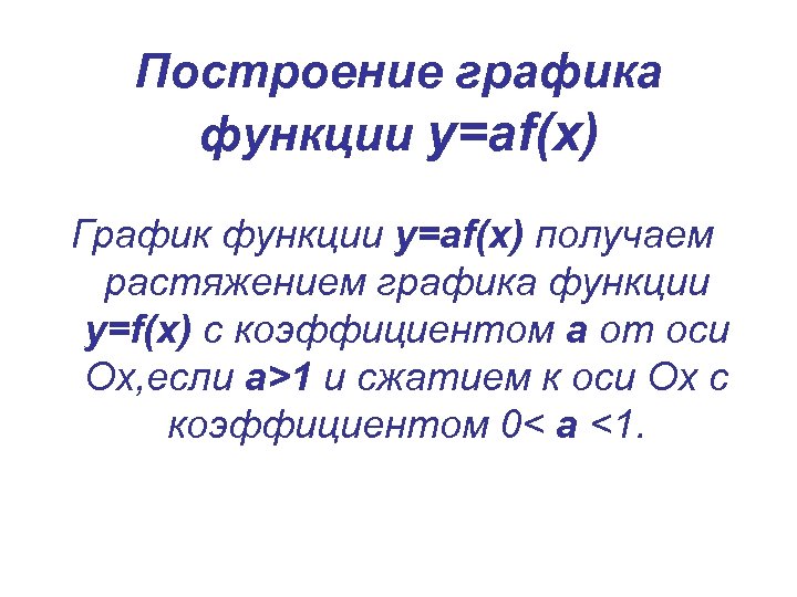 Построение графика функции у=аf(x) График функции у=аf(x) получаем растяжением графика функции у=f(x) с коэффициентом