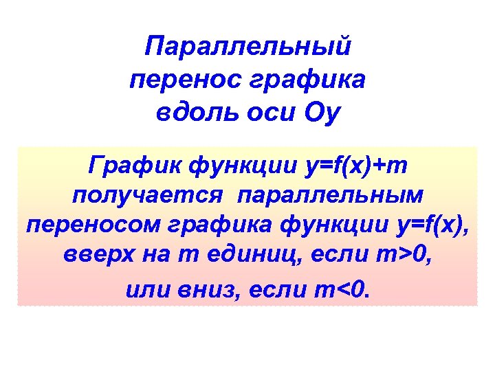 Параллельный перенос графика вдоль оси Оу График функции y=f(x)+m получается параллельным переносом графика функции
