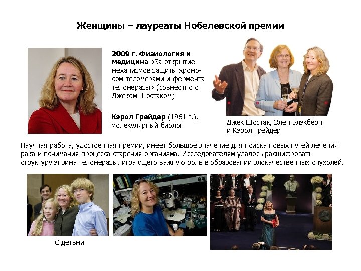 Женщины – лауреаты Нобелевской премии 2009 г. Физиология и медицина «За открытие механизмов защиты