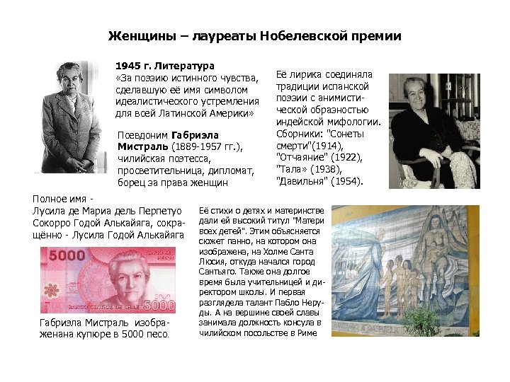 Женщины – лауреаты Нобелевской премии 1945 г. Литература «За поэзию истинного чувства, сделавшую её