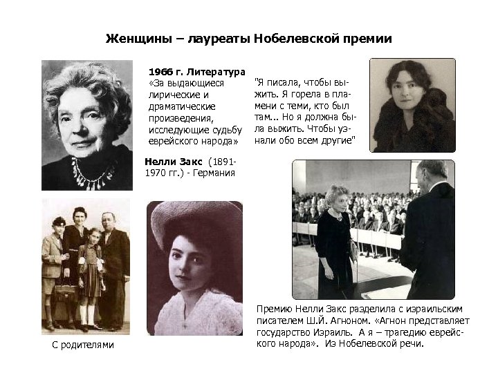 Женщины – лауреаты Нобелевской премии 1966 г. Литература «За выдающиеся лирические и драматические произведения,