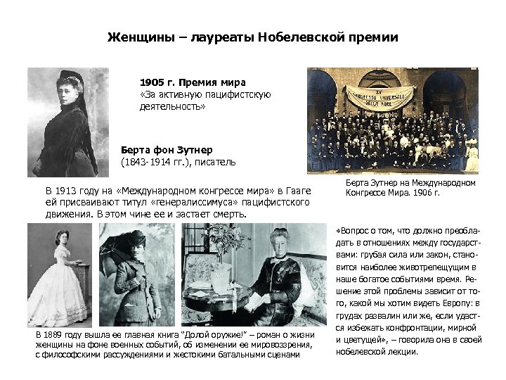 Женщины – лауреаты Нобелевской премии 1905 г. Премия мира «За активную пацифистскую деятельность» Берта
