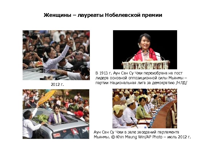 Женщины – лауреаты Нобелевской премии 2012 г. В 1913 г. Аун Сан Су Чжи